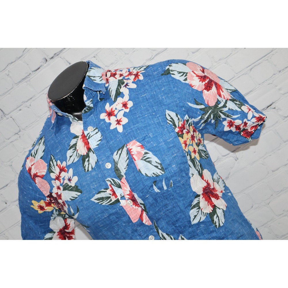 Club Room Hawaiian Linen Button Up Shirt Mens Small Blue Floral Casual